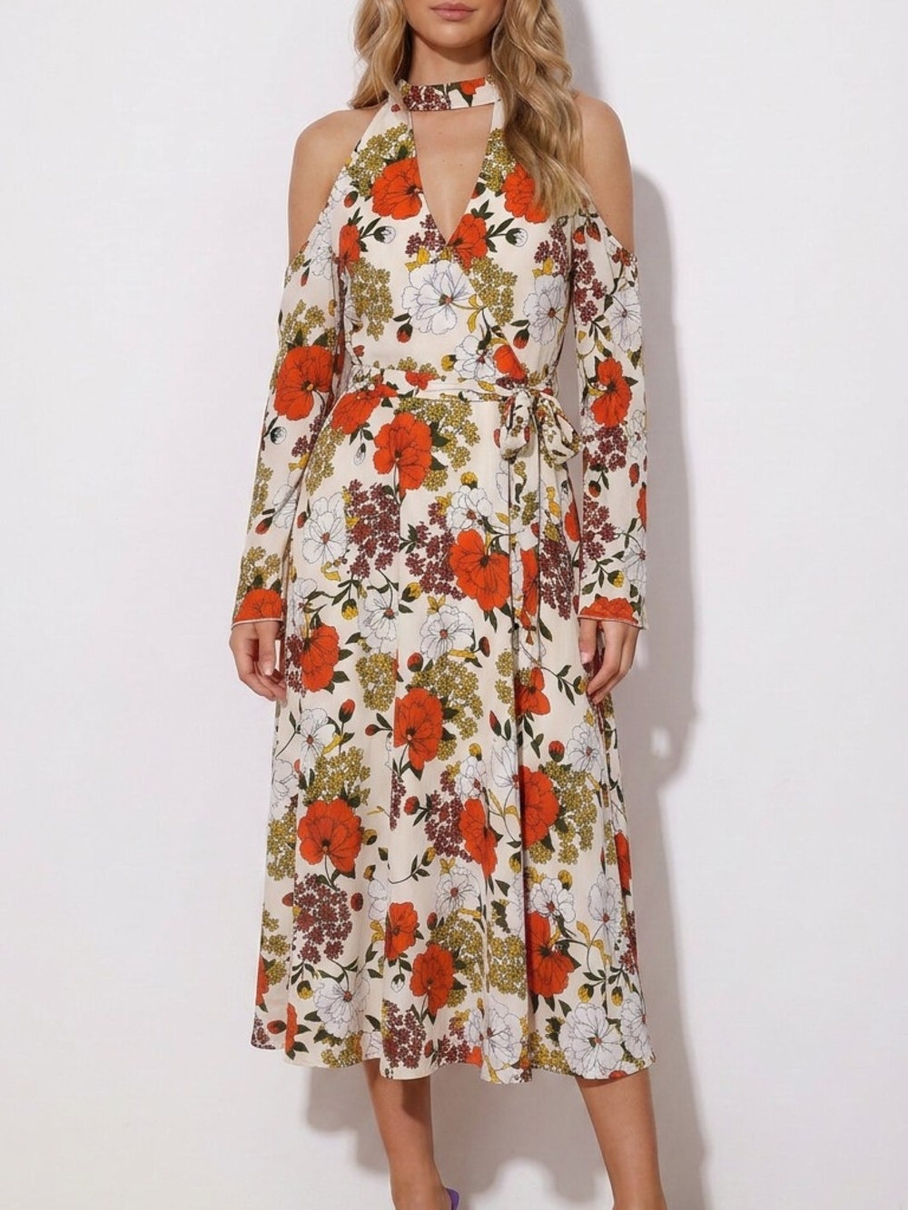 NWOT Womens Size Lg Floral Cold-Shoulder Midi Dress with Choker